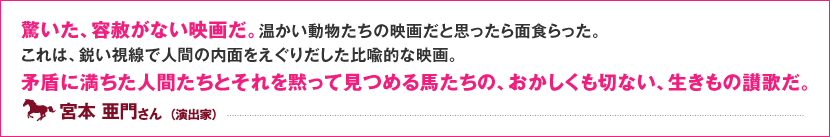 緒方明監督＋青木研次脚本の名コンビが、またまたやらかした。 今まで観たどんな映画にも似ていない。なんなのだ、これは？？！！ 今の日本映画界の常識では存在があり得ない作品が、創りたいから創られ、 映画館で鑑賞できるなんて、なんとステキ過ぎる、うれしい事件なのだろう。 世界の誰にも真似できないオリジナリティーに溢れた映画、 気合いが入っているのか脱力しているのかわからない、 大まじめなのかブラックギャグなのかわからない、 そのどちらでもあるような、面白くも不思議な異次元ワールドに連れていかれる映画だ。