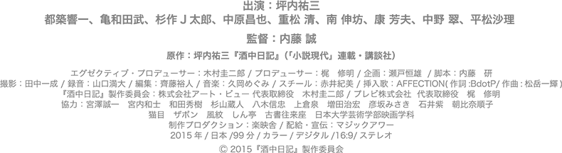 出演：坪内祐三／都築響一　亀和田 武　杉作J太郎　中原昌也　重松 清　南 伸坊　康 芳夫　中野 翠　平松沙理／監督：内藤 誠 原作：坪内祐三『酒中日記』（「小説現代」連載・講談社）